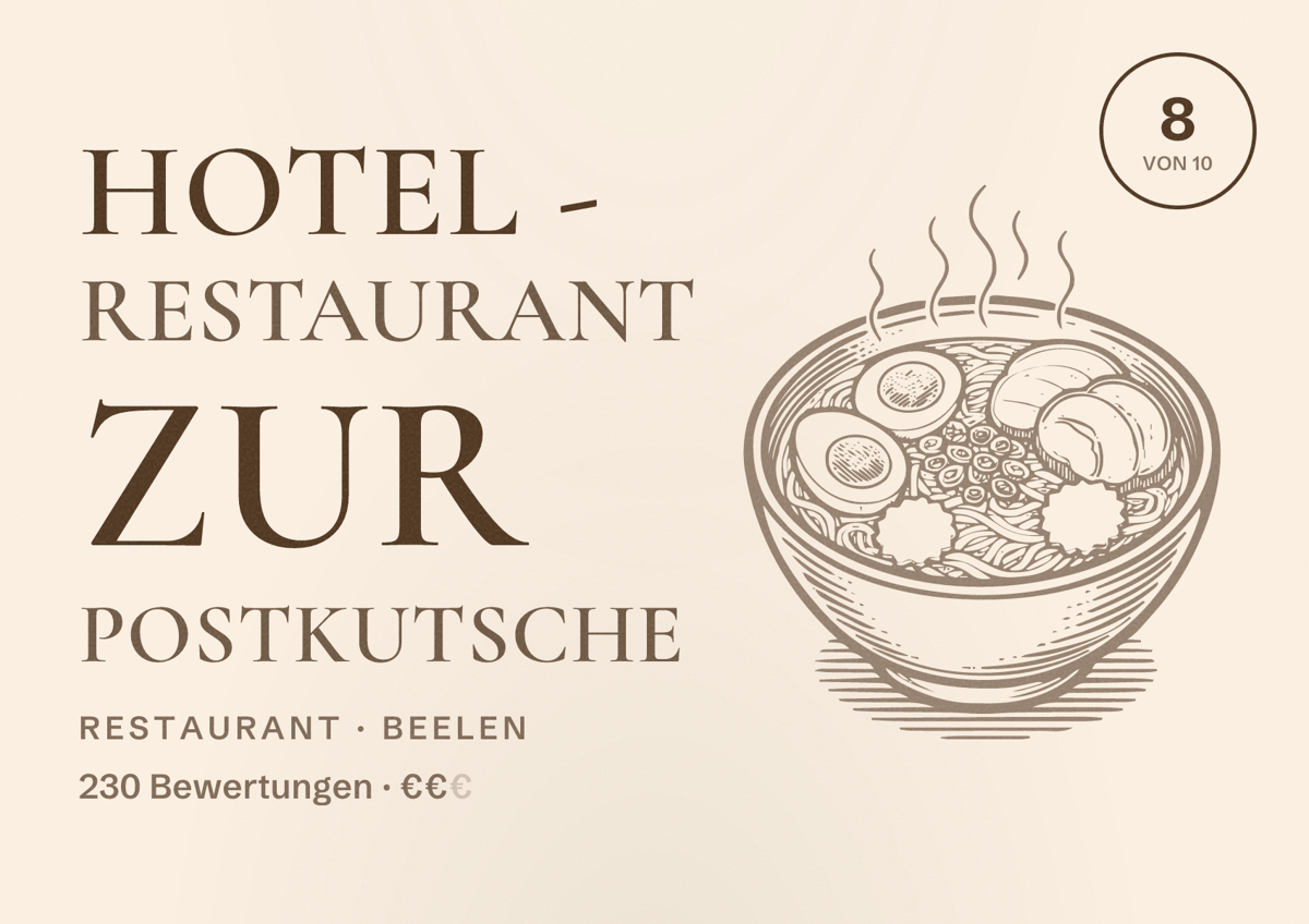 Illustriertes Poster von Hotel - Restaurant Zur Postkutsche, Restaurant in Beelen: Bewertung 8 von 10 aus 230 Bewertungen, Preisniveau €€