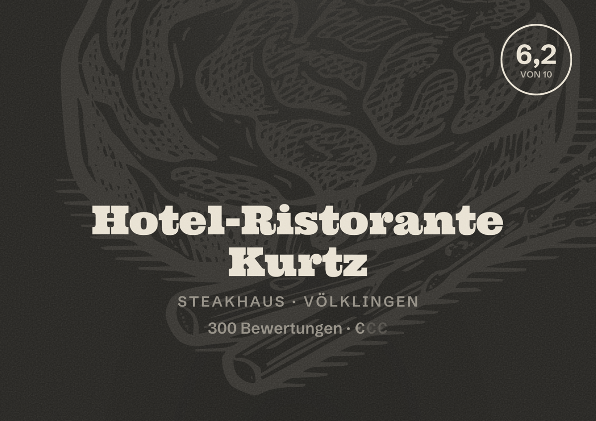 Illustriertes Poster von Hotel-Ristorante Kurtz, Steakhaus in Völklingen: Bewertung 6,2 von 10 aus 300 Bewertungen, Preisniveau €