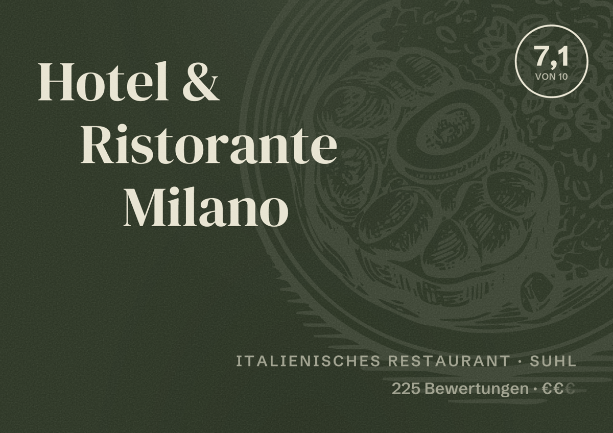Illustriertes Poster von Hotel & Ristorante Milano, Italienisches Restaurant in Suhl: Bewertung 7,1 von 10 aus 225 Bewertungen, Preisniveau €€
