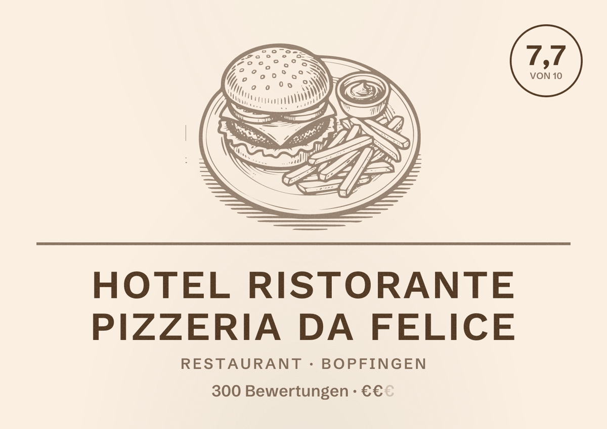 Illustriertes Poster von Hotel Ristorante Pizzeria Da Felice, Restaurant in Bopfingen: Bewertung 7,7 von 10 aus 300 Bewertungen, Preisniveau €€