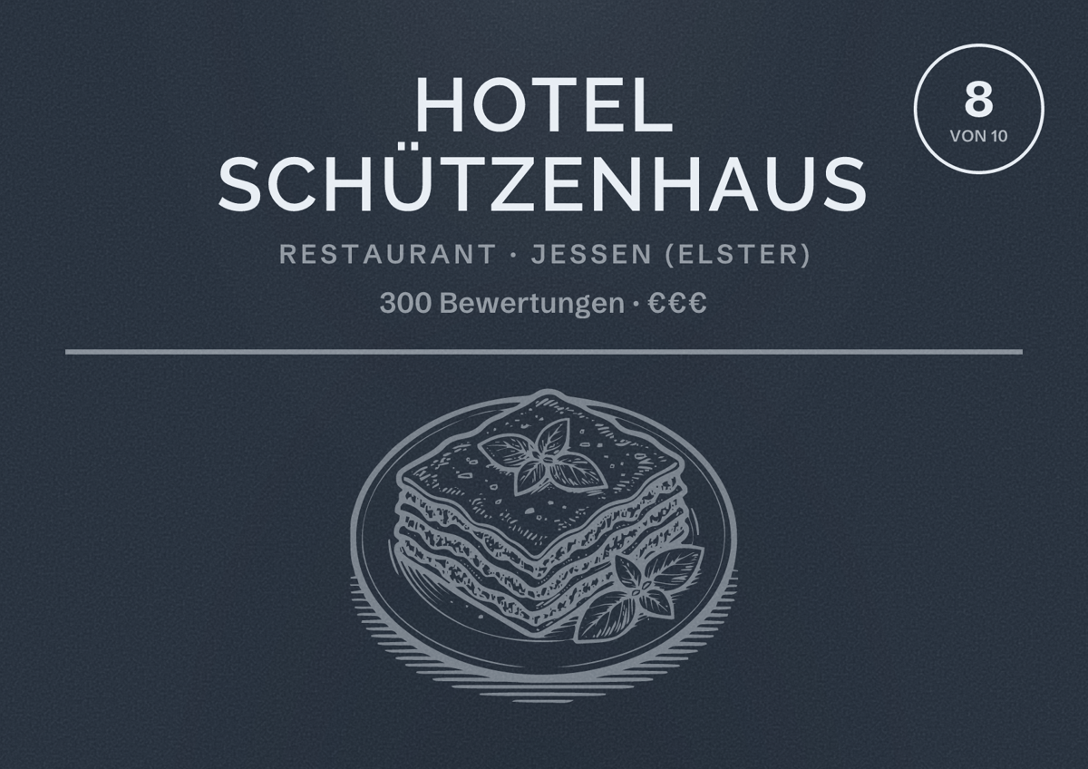 Illustriertes Poster von Hotel Schützenhaus, Restaurant in Jessen (Elster): Bewertung 8 von 10 aus 300 Bewertungen, Preisniveau €€€