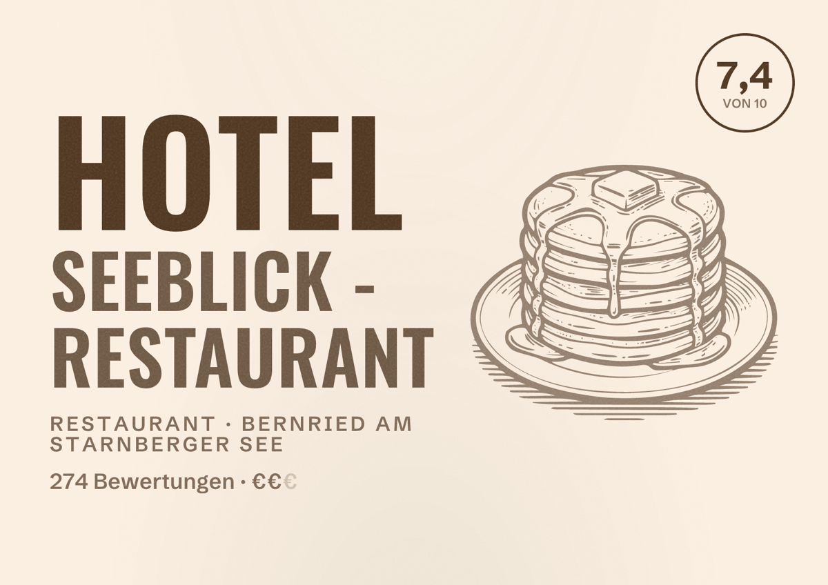 Illustriertes Poster von Hotel Seeblick - Restaurant, Restaurant in Bernried am Starnberger See: Bewertung 7,4 von 10 aus 274 Bewertungen, Preisniveau €€