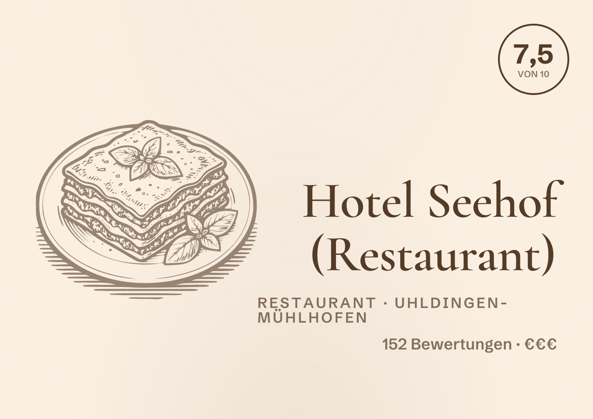 Illustriertes Poster von Hotel Seehof (Restaurant), Restaurant in Uhldingen-Mühlhofen: Bewertung 7,5 von 10 aus 152 Bewertungen, Preisniveau €€€