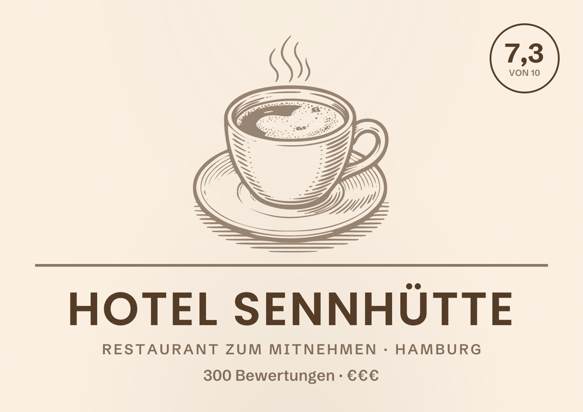 Illustriertes Poster von Hotel Sennhütte, Restaurant zum Mitnehmen in Hamburg: Bewertung 7,3 von 10 aus 300 Bewertungen, Preisniveau €€€