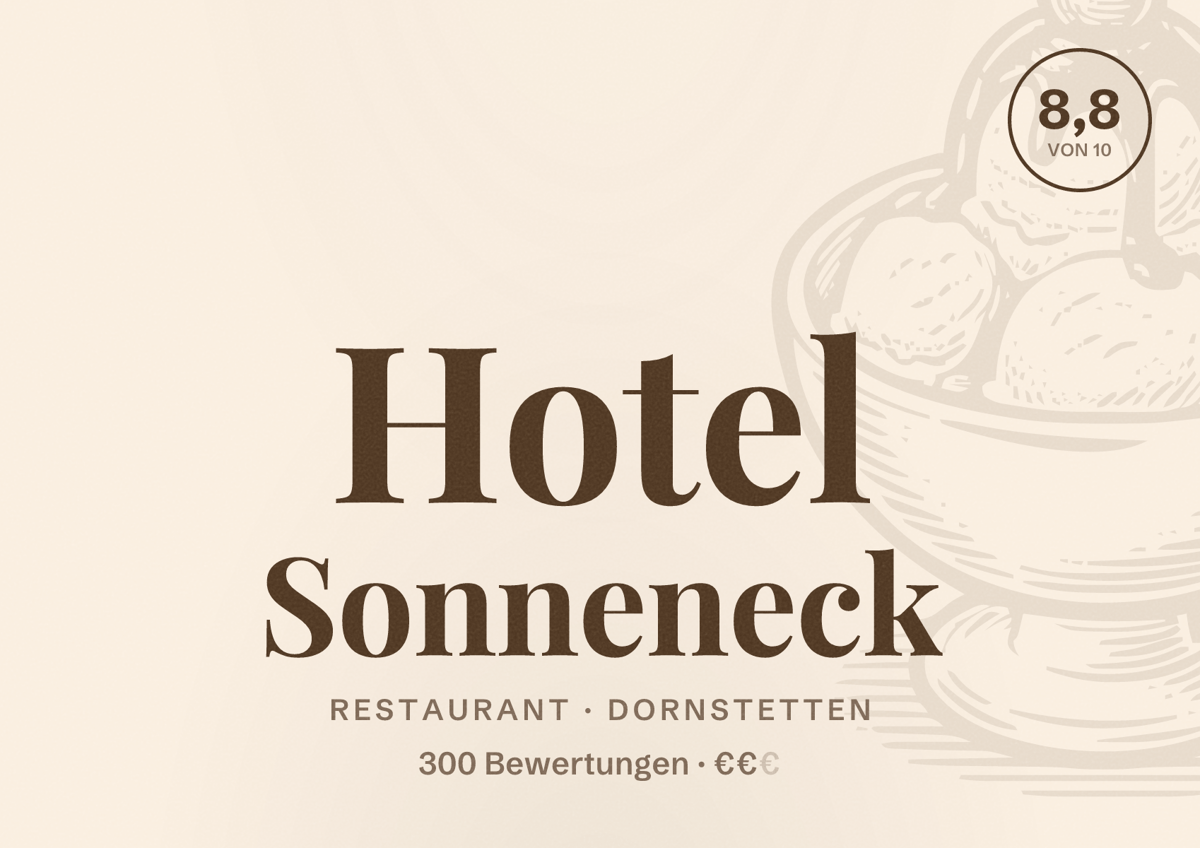 Illustriertes Poster von Hotel Sonneneck, Restaurant in Dornstetten: Bewertung 8,8 von 10 aus 300 Bewertungen, Preisniveau €€