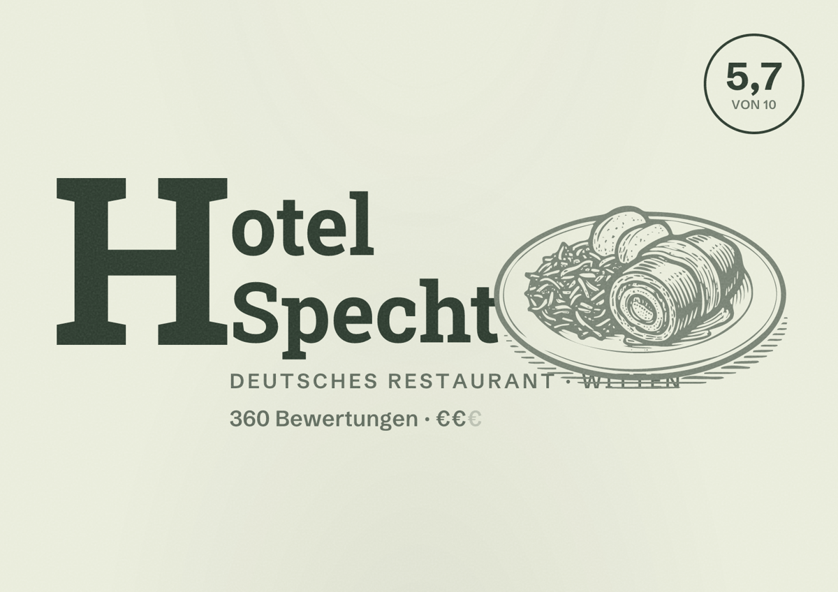 Illustriertes Poster von Hotel Specht, Deutsches Restaurant in Witten: Bewertung 5,7 von 10 aus 360 Bewertungen, Preisniveau €€