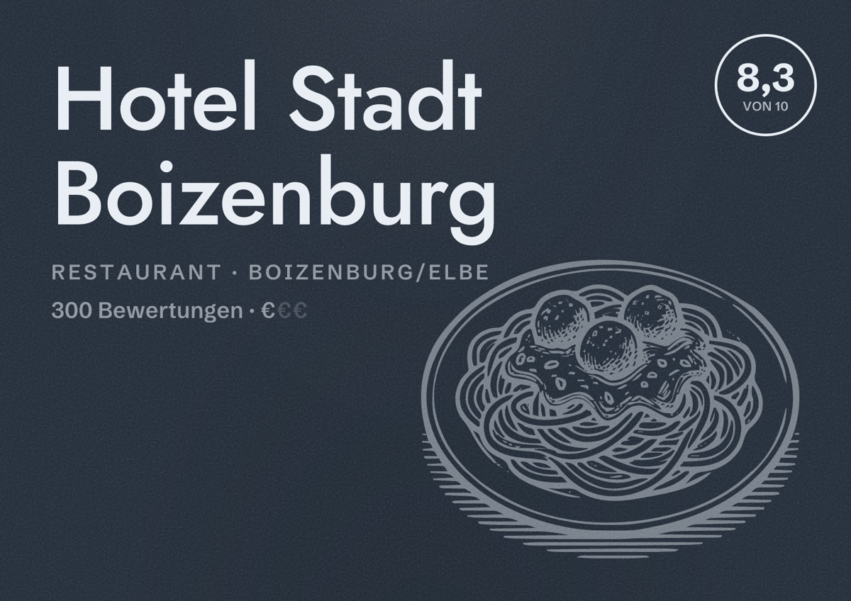 Illustriertes Poster von Hotel Stadt Boizenburg, Restaurant in Boizenburg/Elbe: Bewertung 8,3 von 10 aus 300 Bewertungen, Preisniveau €