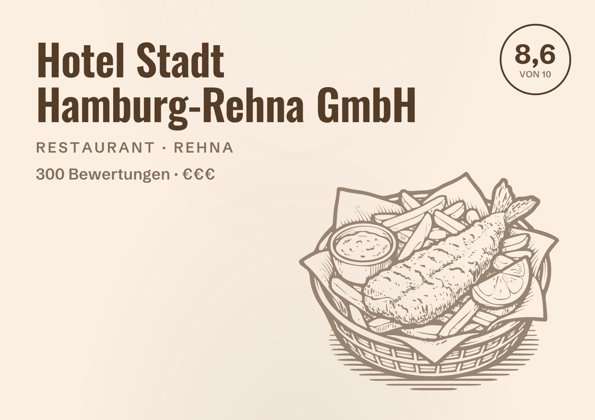Illustriertes Poster von Hotel Stadt Hamburg-Rehna GmbH, Restaurant in Rehna: Bewertung 8,6 von 10 aus 300 Bewertungen, Preisniveau €€€