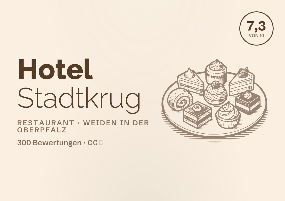 Illustriertes Poster von Hotel Stadtkrug, Restaurant in Weiden in der Oberpfalz: Bewertung 7,3 von 10 aus 300 Bewertungen, Preisniveau €€