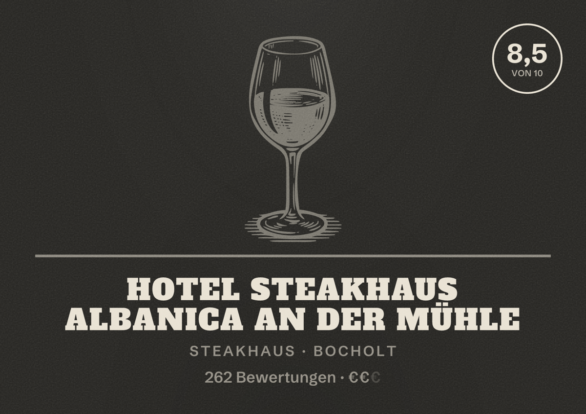 Illustriertes Poster von Hotel Steakhaus Albanica an der Mühle, Steakhaus in Bocholt: Bewertung 8,5 von 10 aus 262 Bewertungen, Preisniveau €€