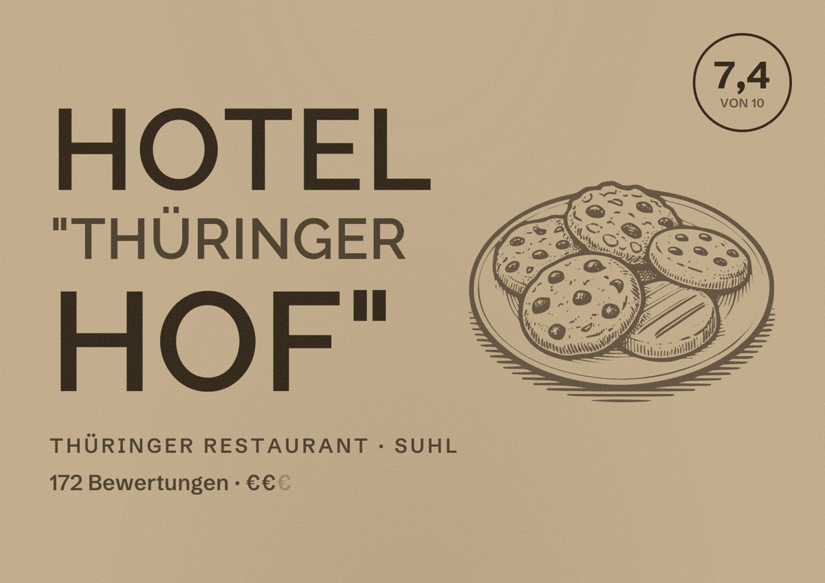 Illustriertes Poster von Hotel "Thüringer Hof", Thüringer Restaurant in Suhl: Bewertung 7,4 von 10 aus 172 Bewertungen, Preisniveau €€