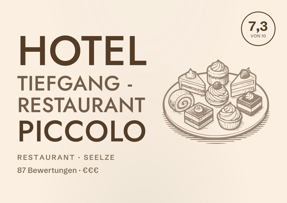 Illustriertes Poster von Hotel Tiefgang - Restaurant Piccolo, Restaurant in Seelze: Bewertung 7,3 von 10 aus 87 Bewertungen, Preisniveau €€€