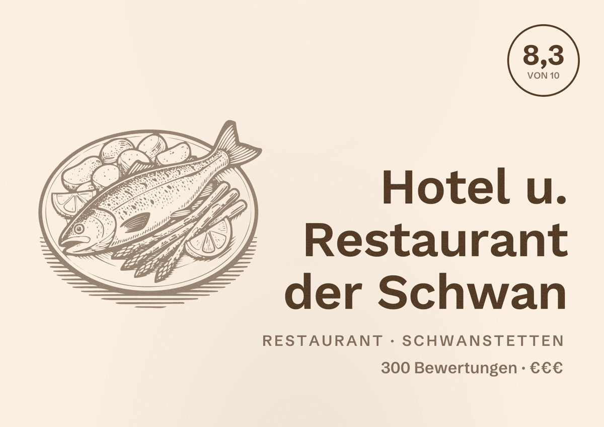 Illustriertes Poster von Hotel u. Restaurant der Schwan, Restaurant in Schwanstetten: Bewertung 8,3 von 10 aus 300 Bewertungen, Preisniveau €€€