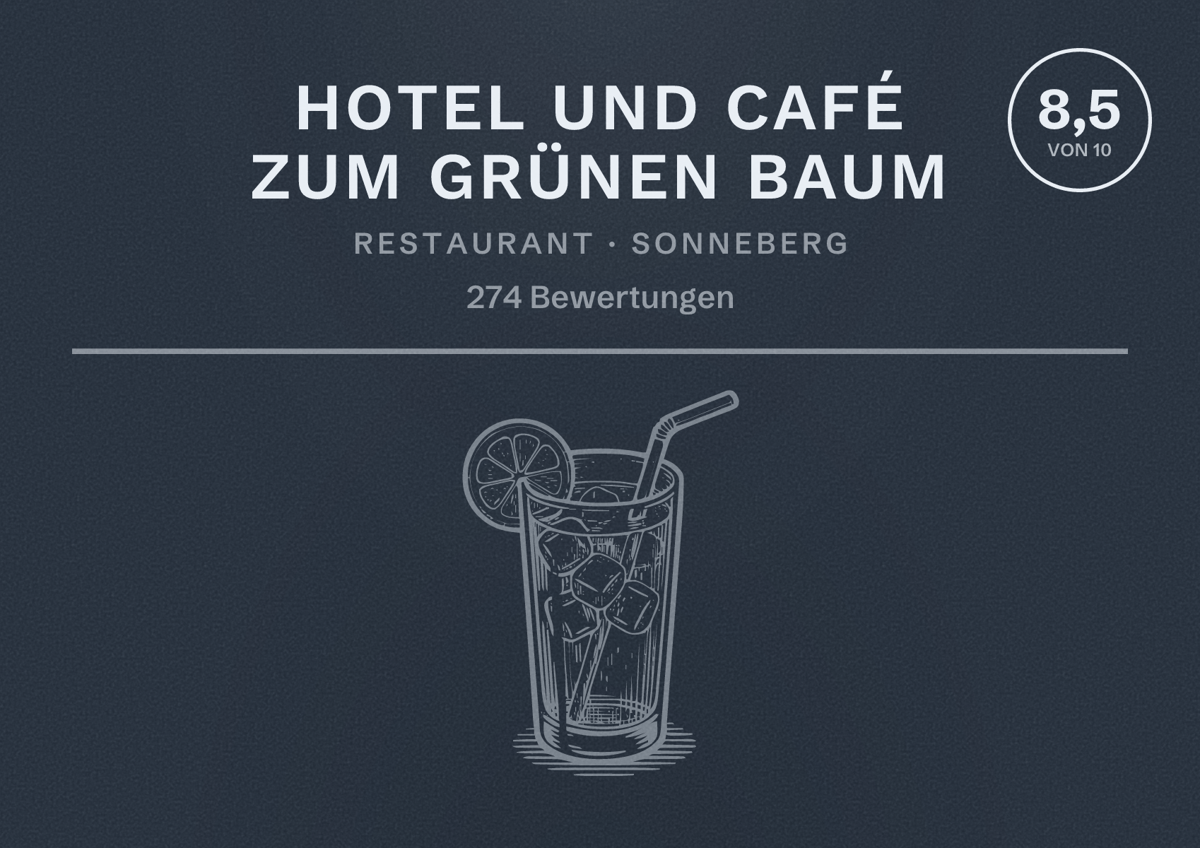 Illustriertes Poster von Hotel und Café Zum Grünen Baum, Restaurant in Sonneberg: Bewertung 8,5 von 10 aus 274 Bewertungen