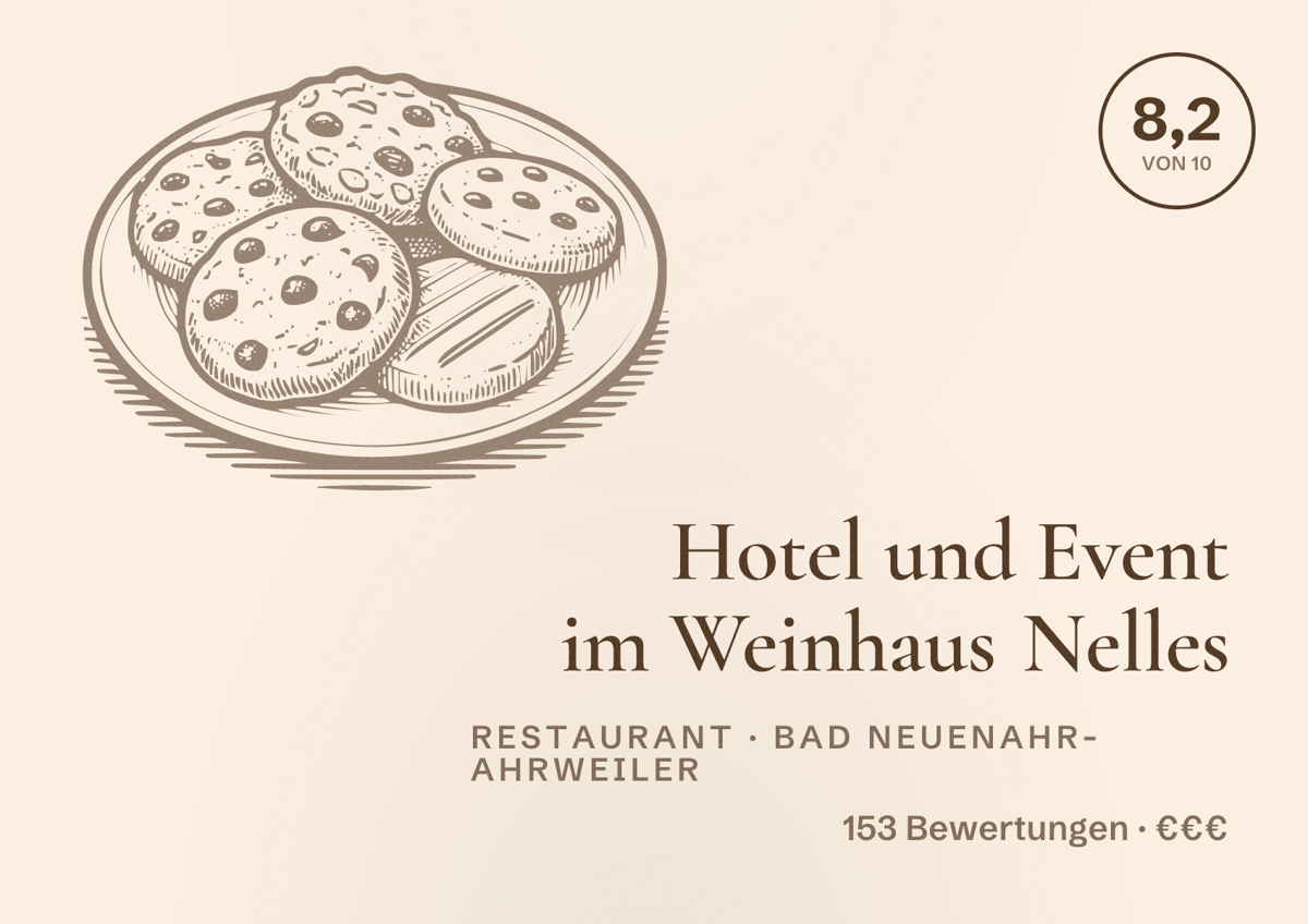 Illustriertes Poster von Hotel und Event im Weinhaus Nelles, Restaurant in Bad Neuenahr-Ahrweiler: Bewertung 8,2 von 10 aus 153 Bewertungen, Preisniveau €€€