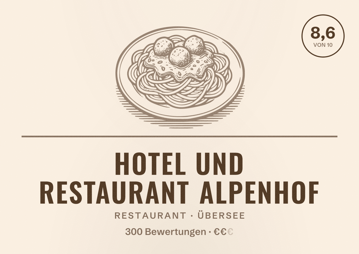 Illustriertes Poster von Hotel und Restaurant Alpenhof, Restaurant in Übersee: Bewertung 8,6 von 10 aus 300 Bewertungen, Preisniveau €€