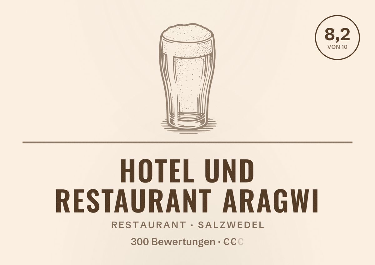 Illustriertes Poster von Hotel und Restaurant ARAGWI, Restaurant in Salzwedel: Bewertung 8,2 von 10 aus 300 Bewertungen, Preisniveau €€