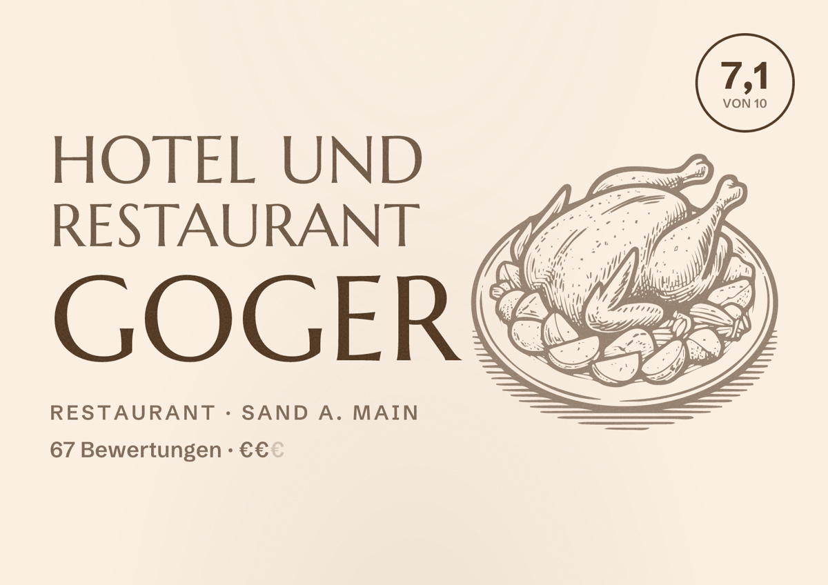 Illustriertes Poster von Hotel und Restaurant Goger, Restaurant in Sand a. Main: Bewertung 7,1 von 10 aus 67 Bewertungen, Preisniveau €€
