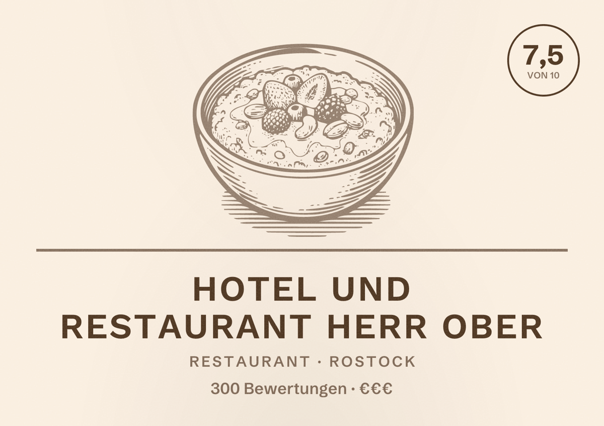 Illustriertes Poster von Hotel und Restaurant Herr Ober, Restaurant in Rostock: Bewertung 7,5 von 10 aus 300 Bewertungen, Preisniveau €€€