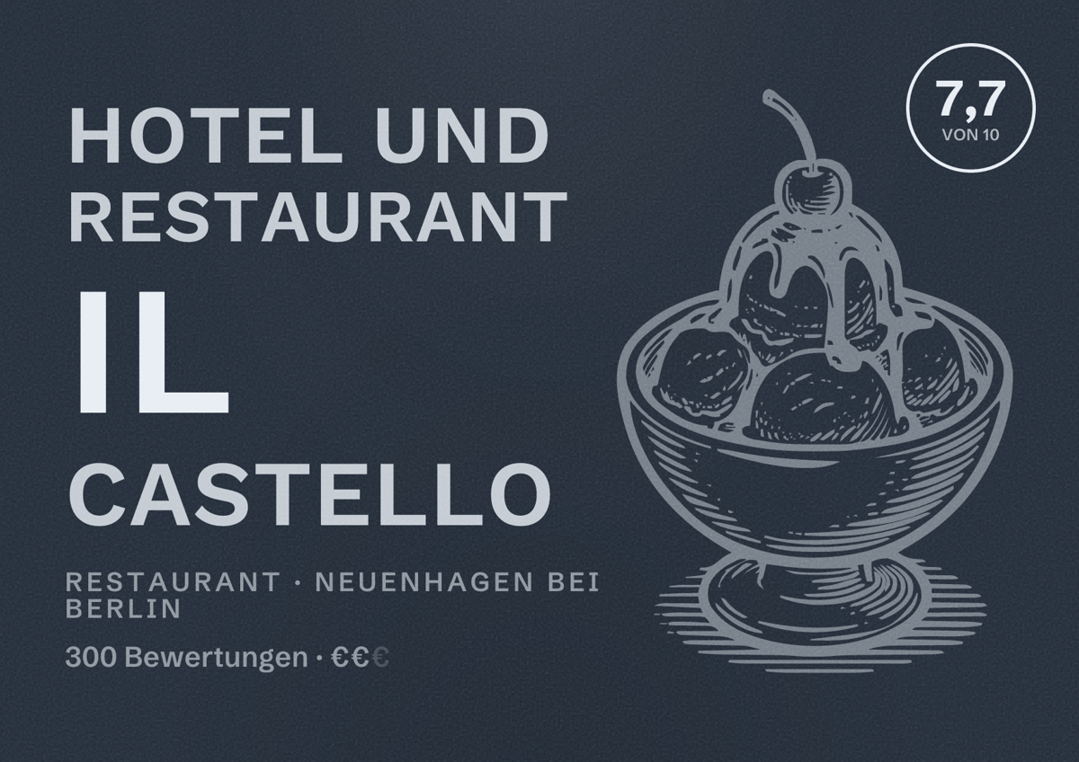 Illustriertes Poster von Hotel und Restaurant Il Castello, Restaurant in Neuenhagen bei Berlin: Bewertung 7,7 von 10 aus 300 Bewertungen, Preisniveau €€