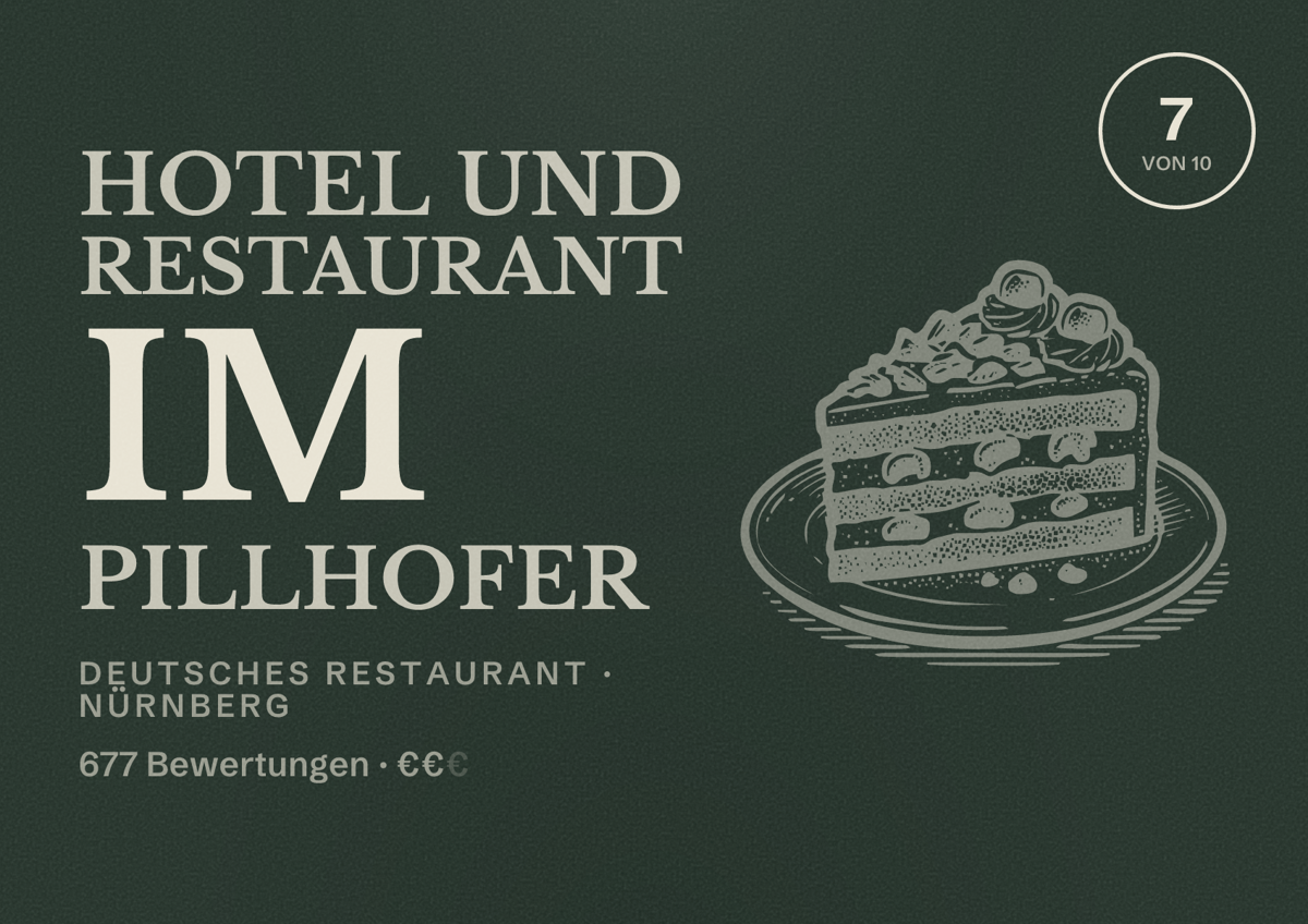 Illustriertes Poster von Hotel und Restaurant im Pillhofer, Deutsches Restaurant in Nürnberg: Bewertung 7 von 10 aus 677 Bewertungen, Preisniveau €€