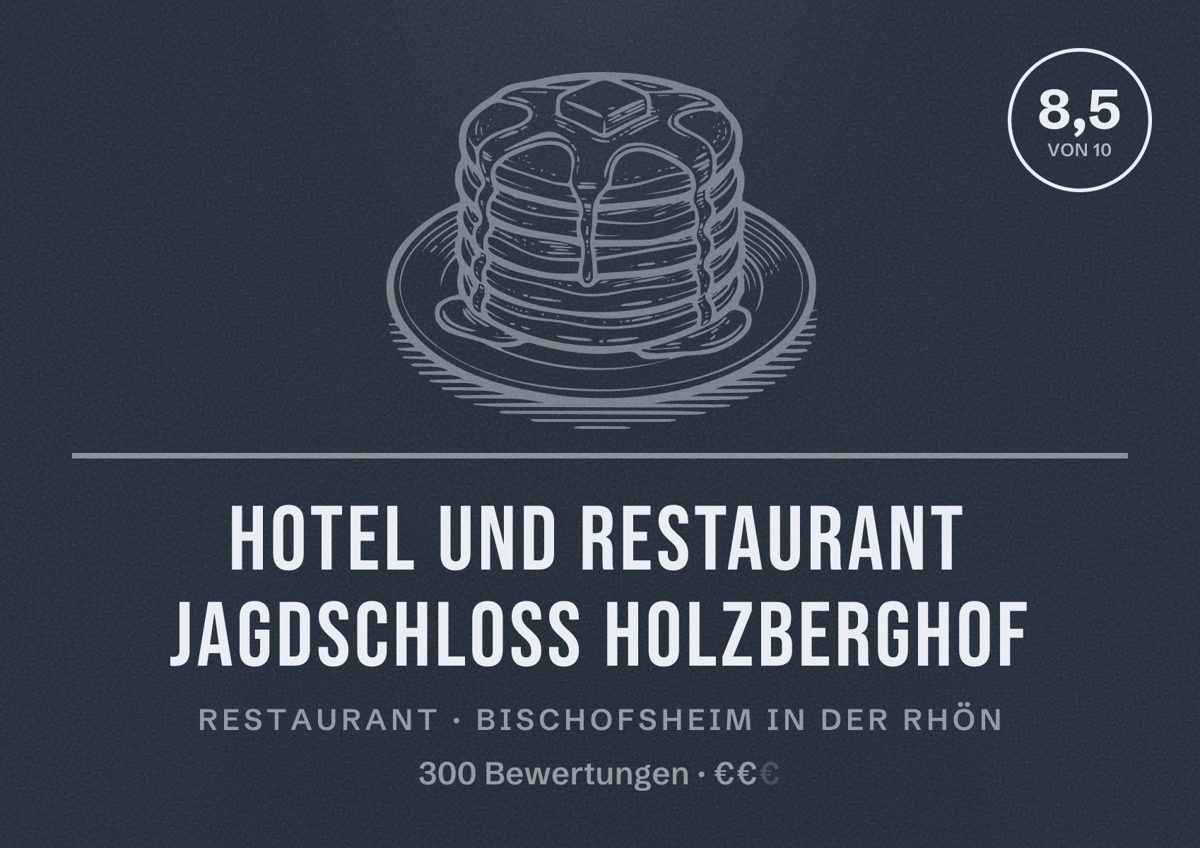 Illustriertes Poster von Hotel und Restaurant Jagdschloss Holzberghof, Restaurant in Bischofsheim in der Rhön: Bewertung 8,5 von 10 aus 300 Bewertungen, Preisniveau €€