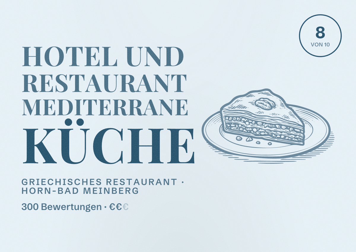 Illustriertes Poster von Hotel und Restaurant Mediterrane Küche, Griechisches Restaurant in Horn-Bad Meinberg: Bewertung 8 von 10 aus 300 Bewertungen, Preisniveau €€