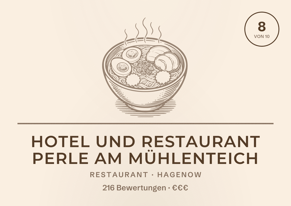 Illustriertes Poster von Hotel und Restaurant Perle am Mühlenteich, Restaurant in Hagenow: Bewertung 8 von 10 aus 216 Bewertungen, Preisniveau €€€