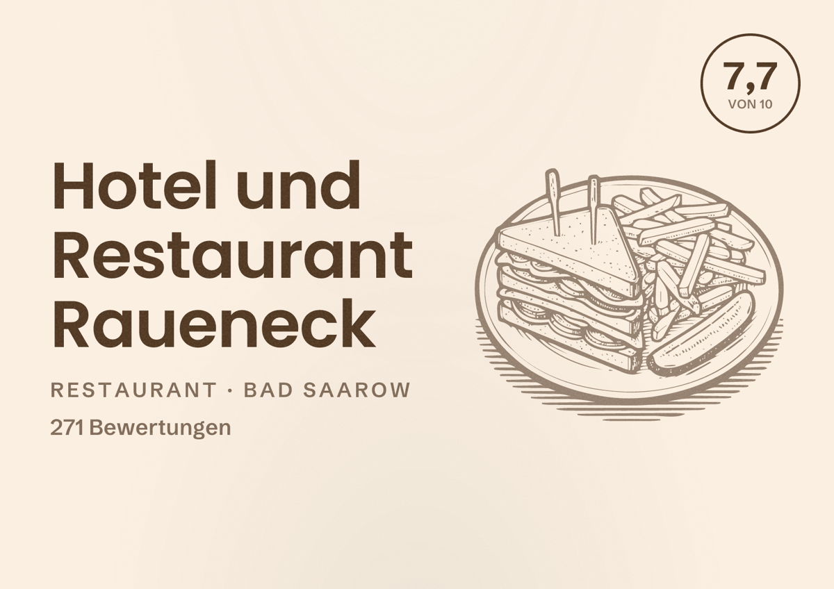 Illustriertes Poster von Hotel und Restaurant Raueneck, Restaurant in Bad Saarow: Bewertung 7,7 von 10 aus 271 Bewertungen