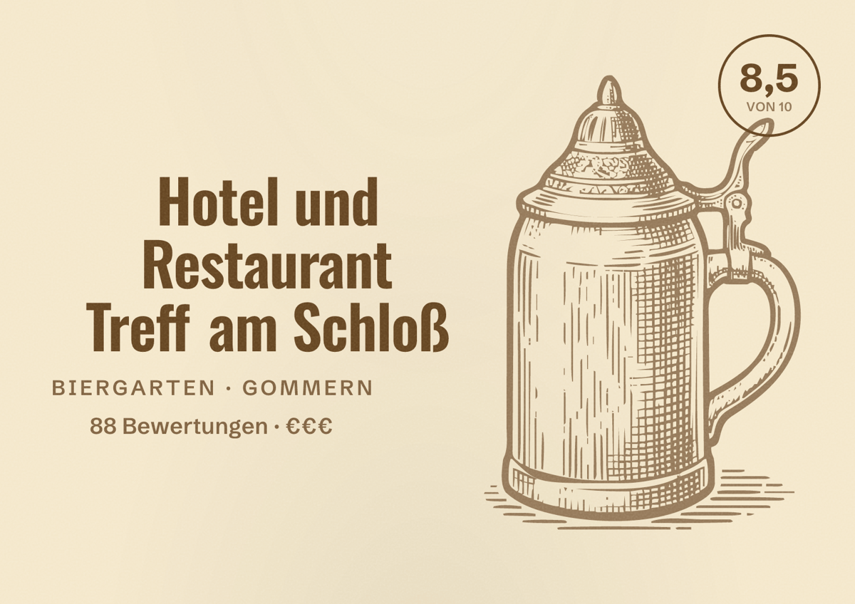 Illustriertes Poster von Hotel und Restaurant Treff am Schloß, Biergarten in Gommern: Bewertung 8,5 von 10 aus 88 Bewertungen, Preisniveau €€€