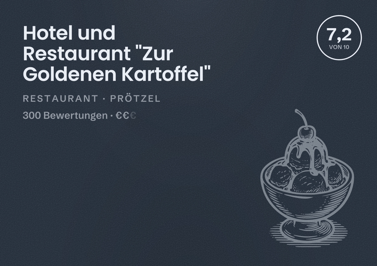 Illustriertes Poster von Hotel und Restaurant "Zur Goldenen Kartoffel", Restaurant in Prötzel: Bewertung 7,2 von 10 aus 300 Bewertungen, Preisniveau €€