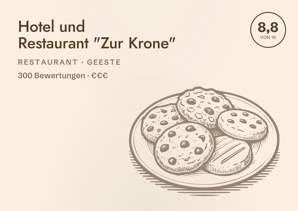Illustriertes Poster von Hotel und Restaurant "Zur Krone", Restaurant in Geeste: Bewertung 8,8 von 10 aus 300 Bewertungen, Preisniveau €€€