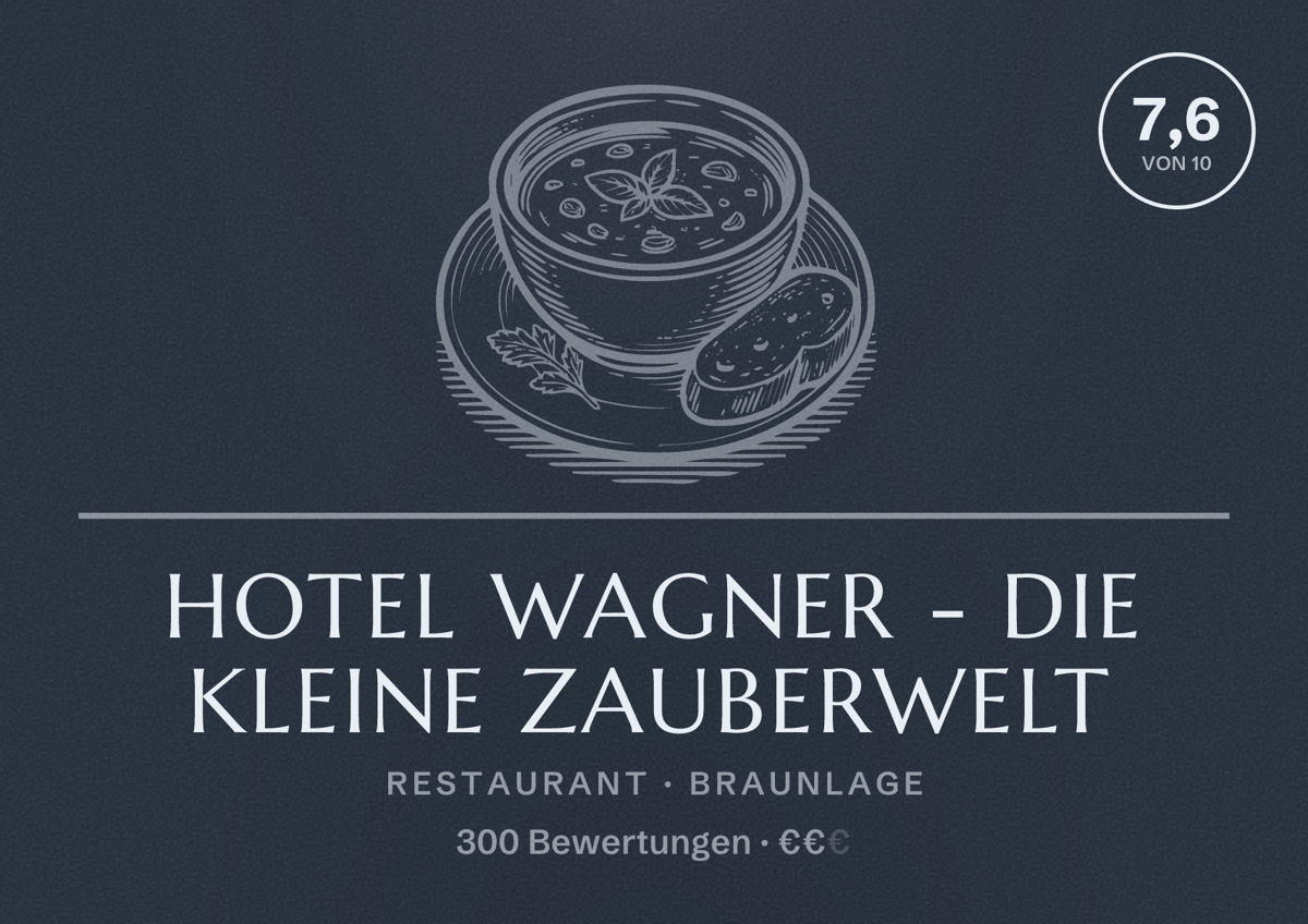 Illustriertes Poster von Hotel Wagner - Die Kleine Zauberwelt, Restaurant in Braunlage: Bewertung 7,6 von 10 aus 300 Bewertungen, Preisniveau €€