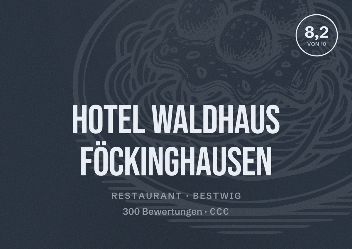 Illustriertes Poster von Hotel Waldhaus Föckinghausen, Restaurant in Bestwig: Bewertung 8,2 von 10 aus 300 Bewertungen, Preisniveau €€€