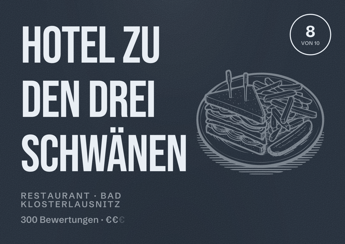 Illustriertes Poster von Hotel Zu den Drei Schwänen, Restaurant in Bad Klosterlausnitz: Bewertung 8 von 10 aus 300 Bewertungen, Preisniveau €€