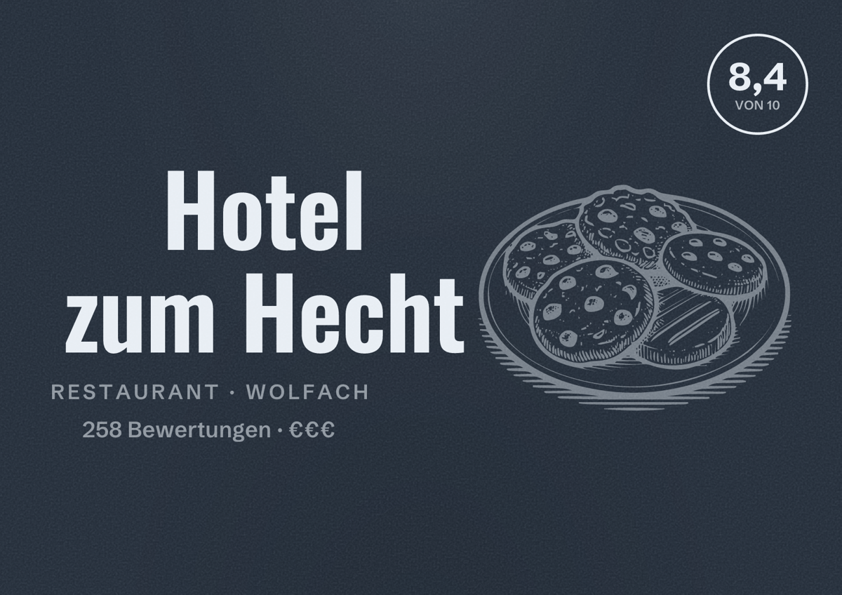 Illustriertes Poster von Hotel zum Hecht, Restaurant in Wolfach: Bewertung 8,4 von 10 aus 258 Bewertungen, Preisniveau €€€