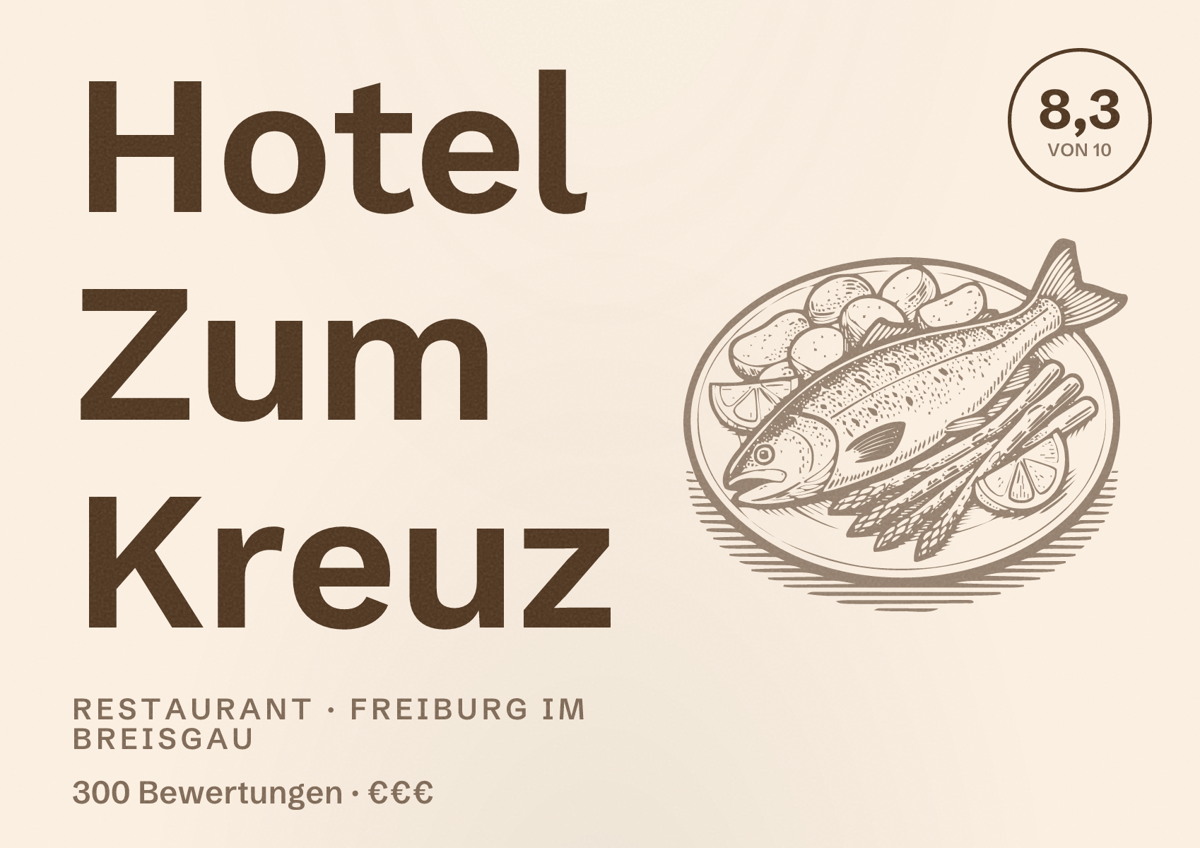 Illustriertes Poster von Hotel Zum Kreuz, Restaurant in Freiburg im Breisgau: Bewertung 8,3 von 10 aus 300 Bewertungen, Preisniveau €€€