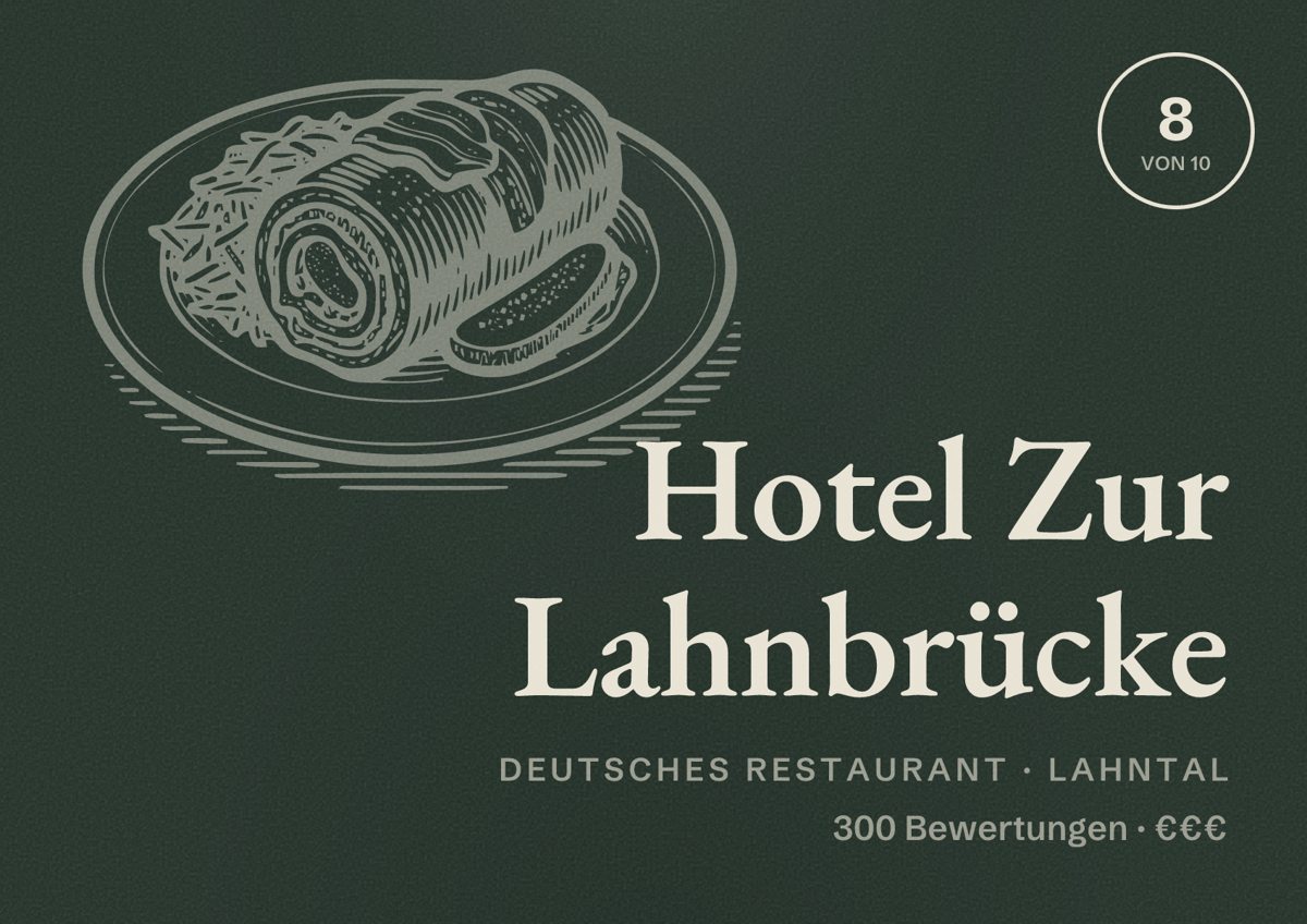 Illustriertes Poster von Hotel Zur Lahnbrücke, Deutsches Restaurant in Lahntal: Bewertung 8 von 10 aus 300 Bewertungen, Preisniveau €€€