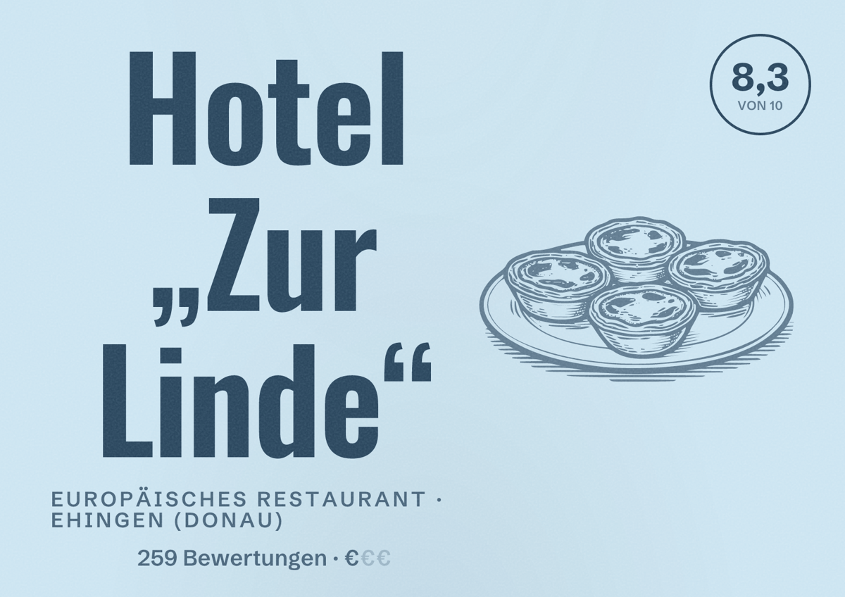 Illustriertes Poster von Hotel „Zur Linde“, Europäisches Restaurant in Ehingen (Donau): Bewertung 8,3 von 10 aus 259 Bewertungen, Preisniveau €