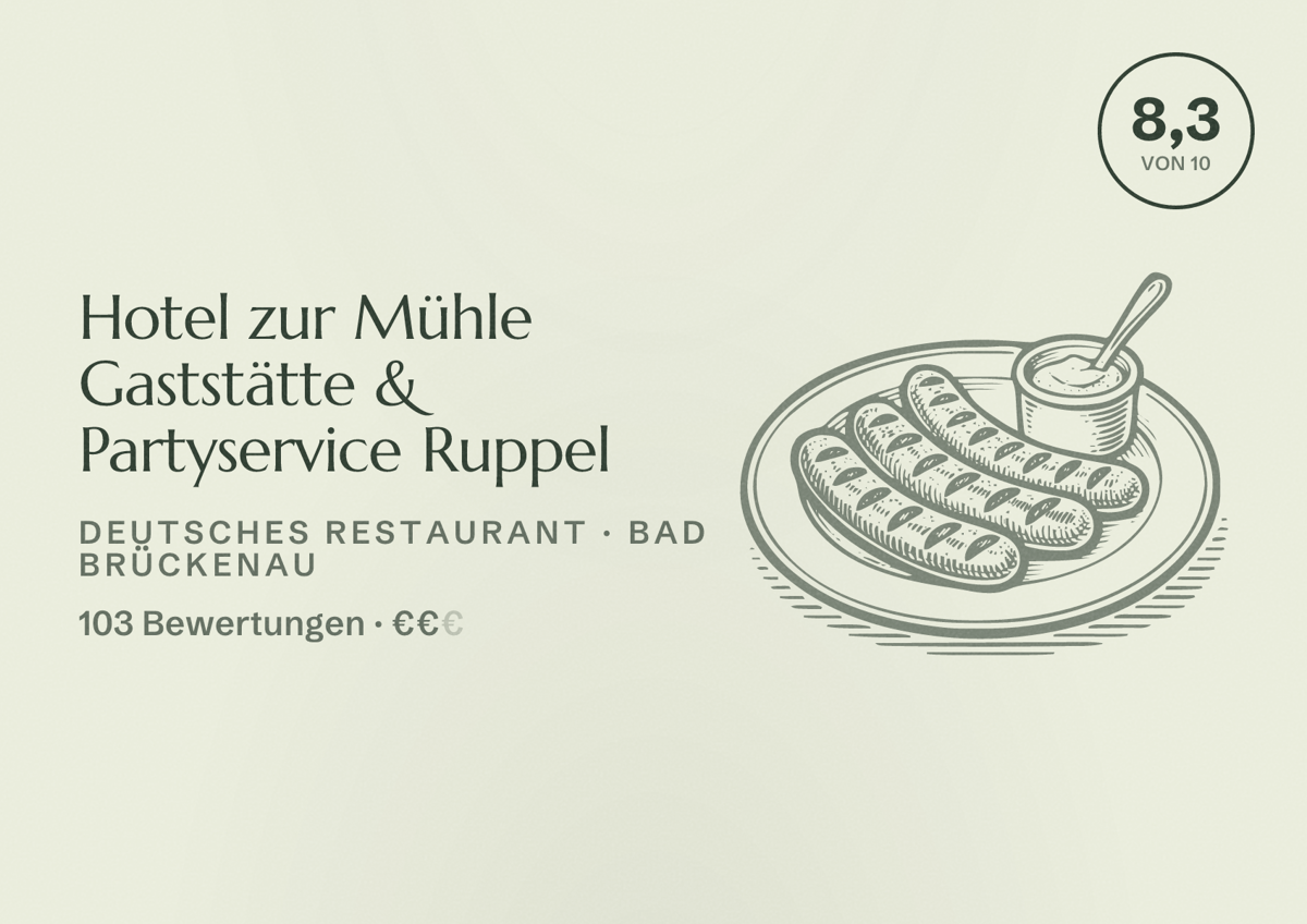 Illustriertes Poster von Hotel zur Mühle Gaststätte & Partyservice Ruppel, Deutsches Restaurant in Bad Brückenau: Bewertung 8,3 von 10 aus 103 Bewertungen, Preisniveau €€