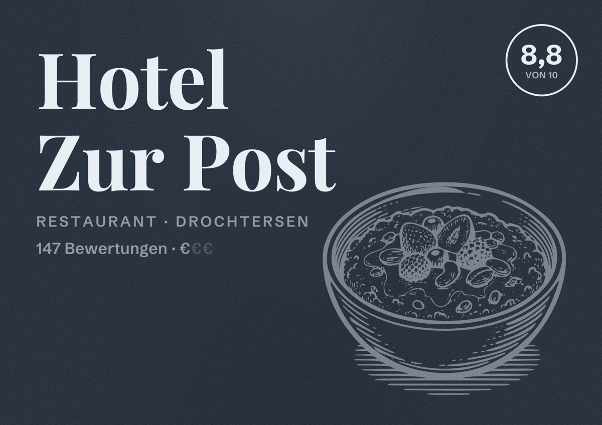 Illustriertes Poster von Hotel Zur Post, Restaurant in Drochtersen: Bewertung 8,8 von 10 aus 147 Bewertungen, Preisniveau €