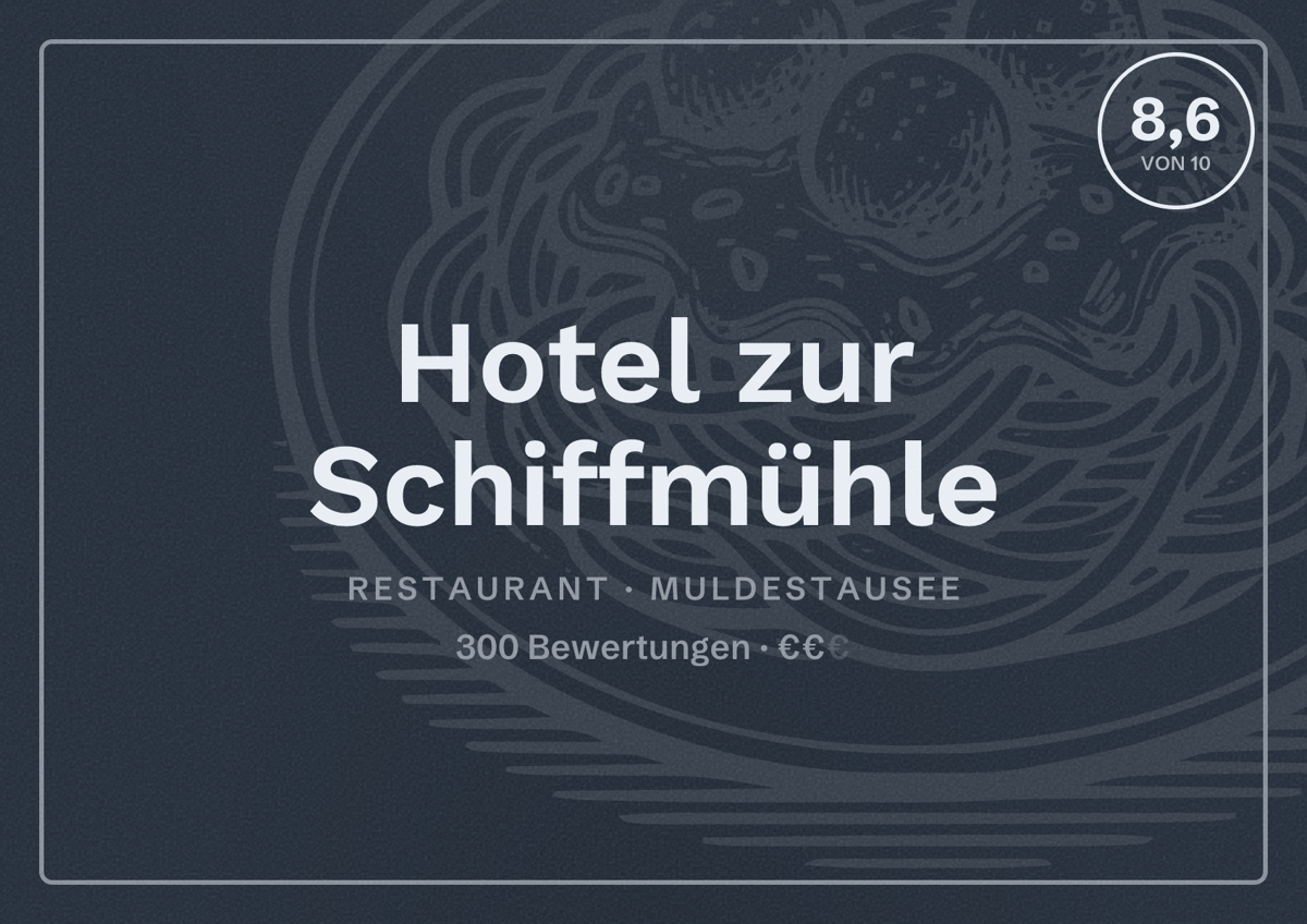 Illustriertes Poster von Hotel zur Schiffmühle, Restaurant in Muldestausee: Bewertung 8,6 von 10 aus 300 Bewertungen, Preisniveau €€