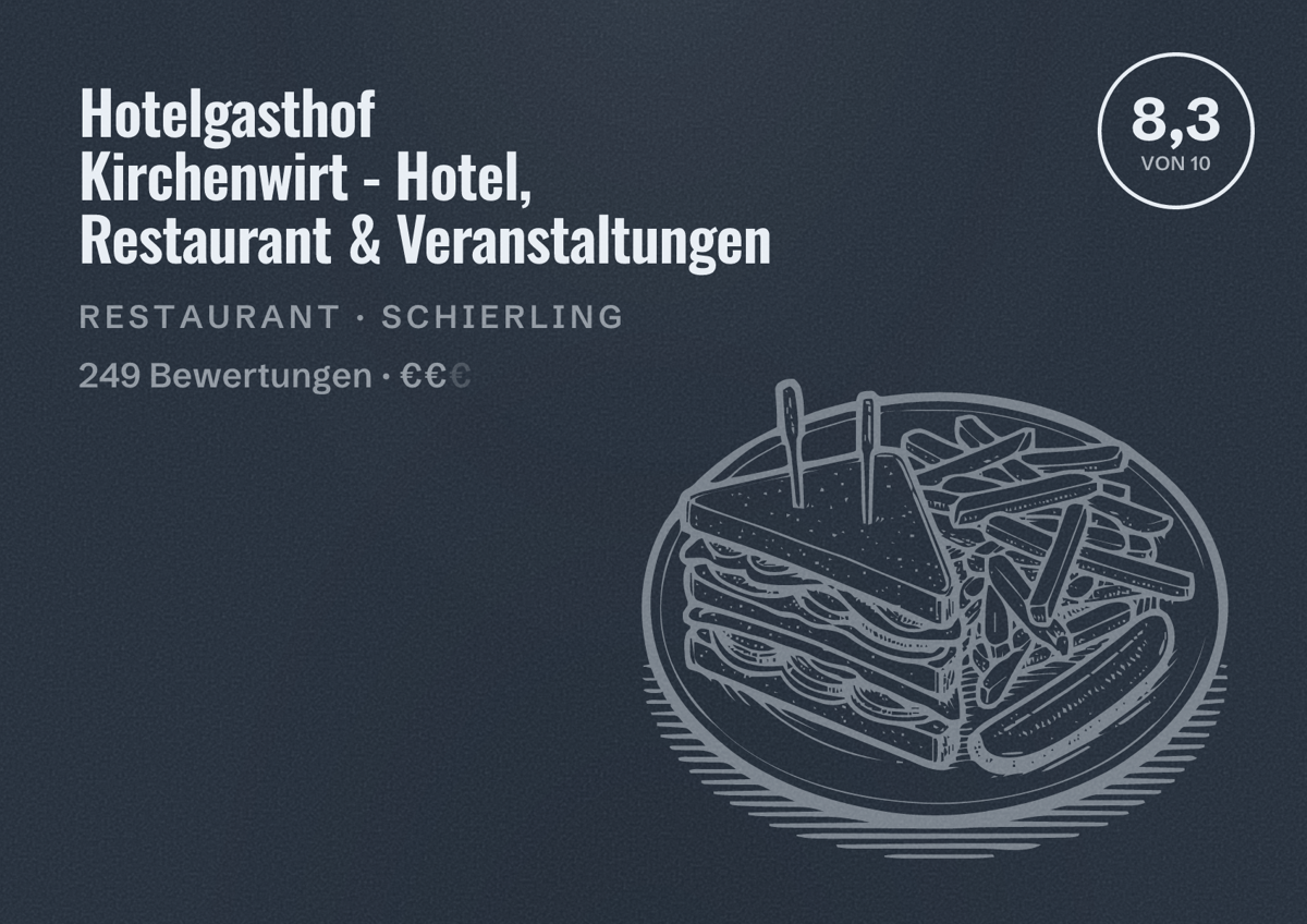 Illustriertes Poster von Hotelgasthof Kirchenwirt - Hotel, Restaurant & Veranstaltungen, Restaurant in Schierling: Bewertung 8,3 von 10 aus 249 Bewertungen, Preisniveau €€