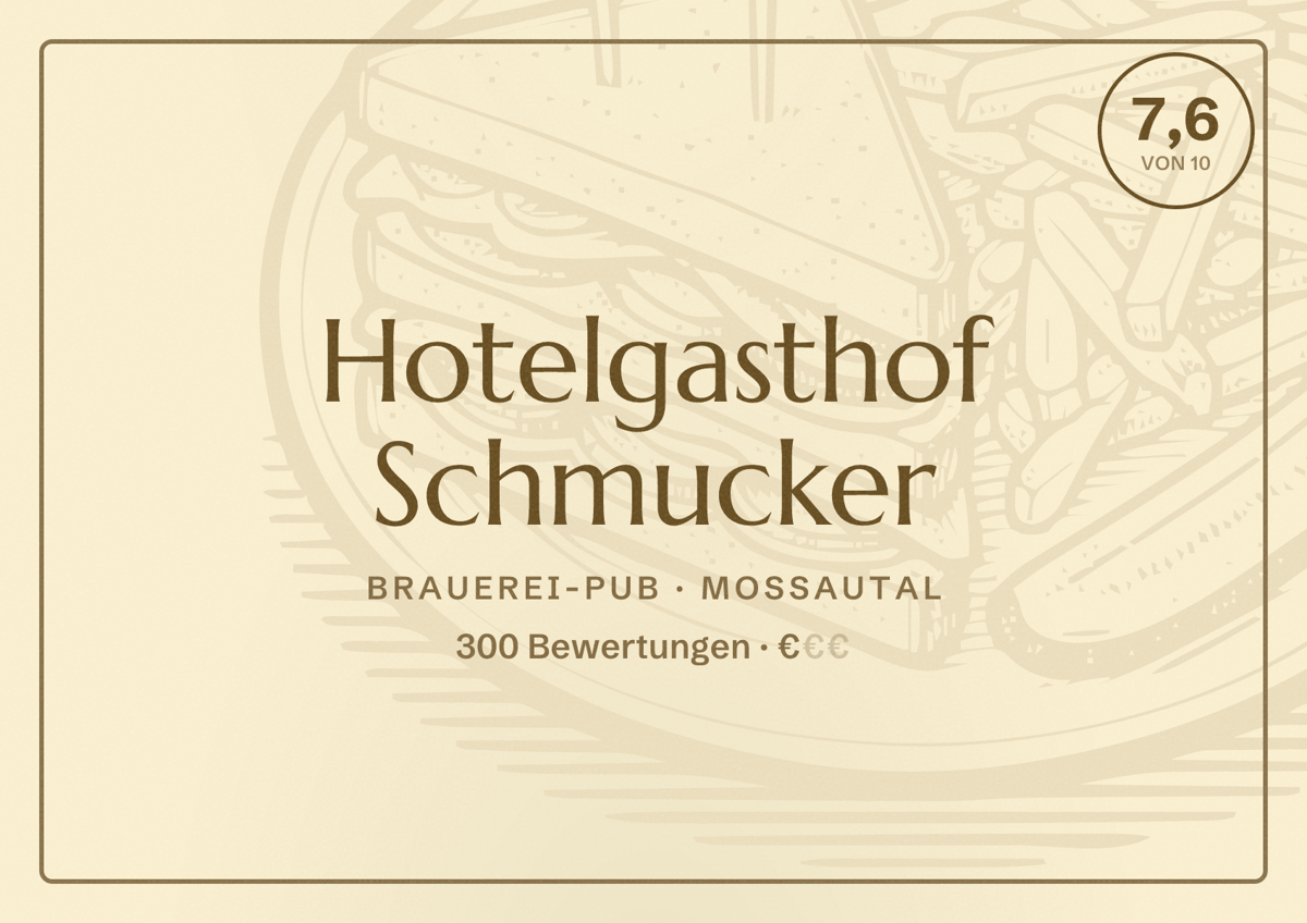 Illustriertes Poster von Hotelgasthof Schmucker, Brauerei-Pub in Mossautal: Bewertung 7,6 von 10 aus 300 Bewertungen, Preisniveau €