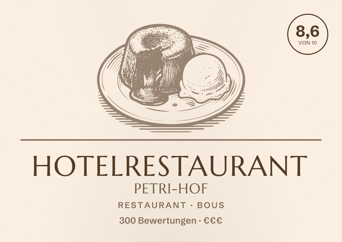 Illustriertes Poster von Hotelrestaurant Petri-Hof, Restaurant in Bous: Bewertung 8,6 von 10 aus 300 Bewertungen, Preisniveau €€€