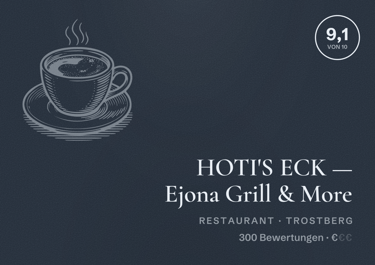 Illustriertes Poster von HOTI'S ECK — Ejona Grill & More, Restaurant in Trostberg: Bewertung 9,1 von 10 aus 300 Bewertungen, Preisniveau €