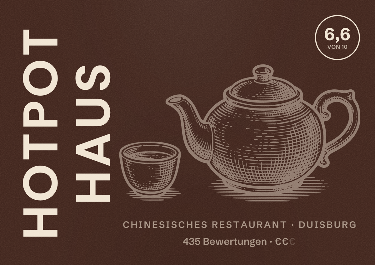 Illustriertes Poster von HotPot Haus, Chinesisches Restaurant in Duisburg: Bewertung 6,6 von 10 aus 435 Bewertungen, Preisniveau €€