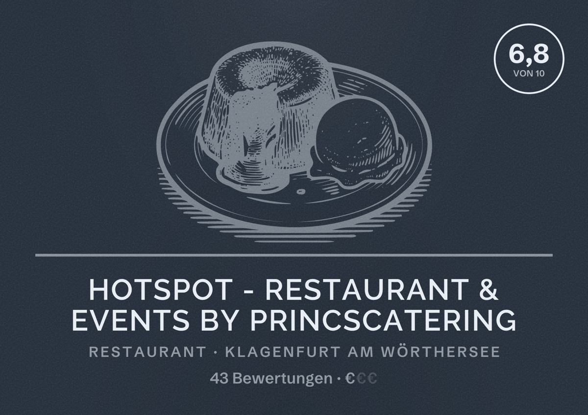 Illustriertes Poster von HOTSPOT - RESTAURANT & EVENTS by PRINCSCATERING, Restaurant in Klagenfurt am Wörthersee: Bewertung 6,8 von 10 aus 43 Bewertungen, Preisniveau €