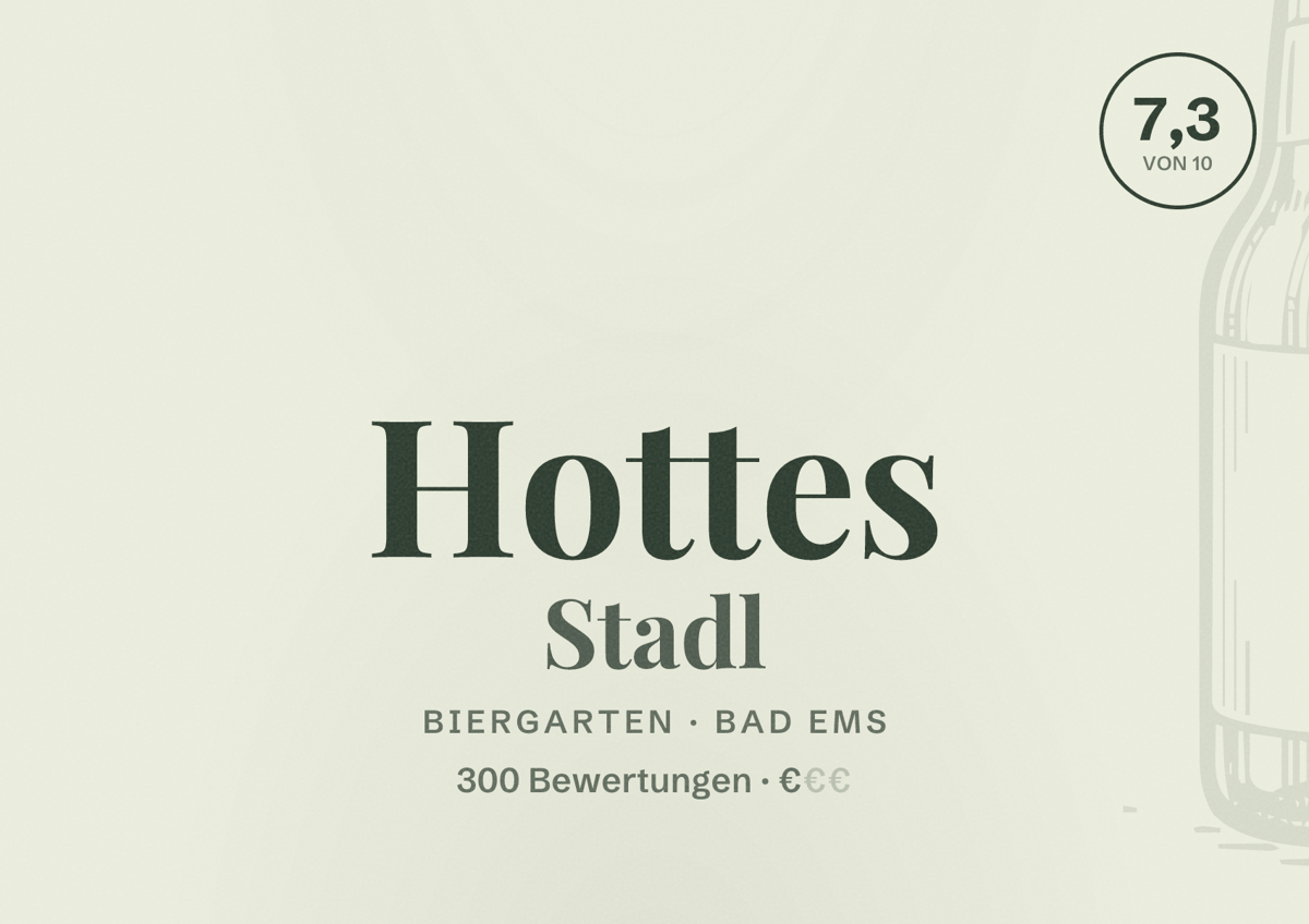Illustriertes Poster von Hottes Stadl, Biergarten in Bad Ems: Bewertung 7,3 von 10 aus 300 Bewertungen, Preisniveau €