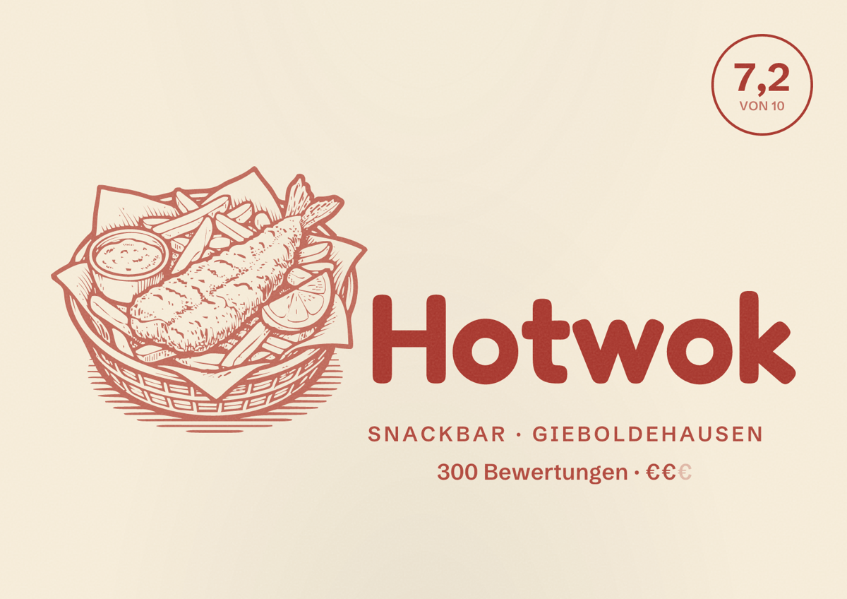 Illustriertes Poster von Hotwok, Snackbar in Gieboldehausen: Bewertung 7,2 von 10 aus 300 Bewertungen, Preisniveau €€